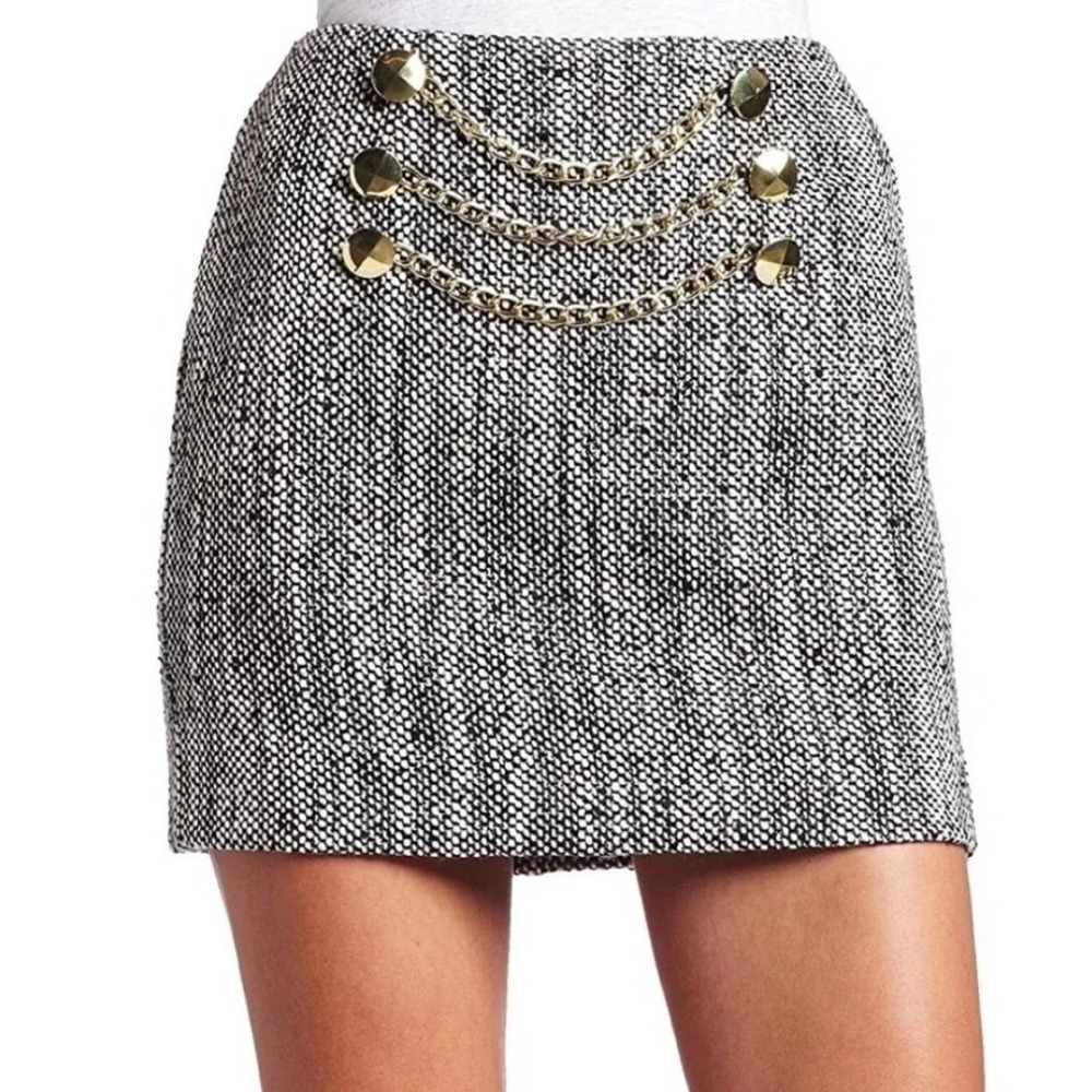 BCBGeneration wool blend tweed mini skirt with gold chain embellishments 4 B93